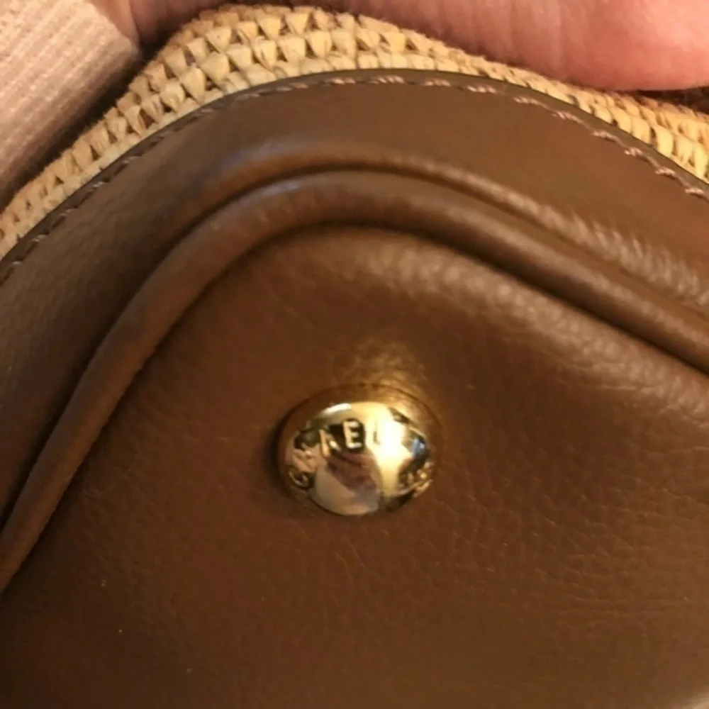 Michael kors brown leather and wicker tote bag with detachable pouch